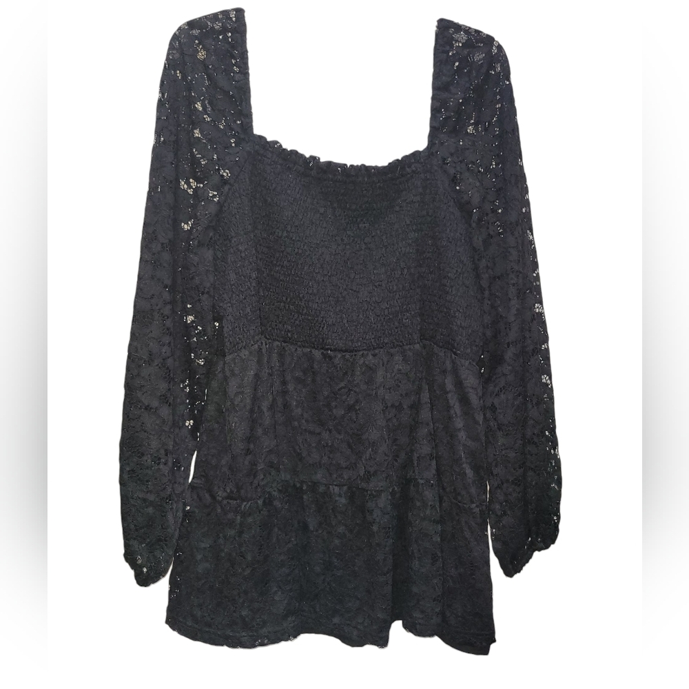 PERFECTLY PRISCILLA 3X Elegant Black Lace Smock Blouse | Square Neck - Picture 3 of 6